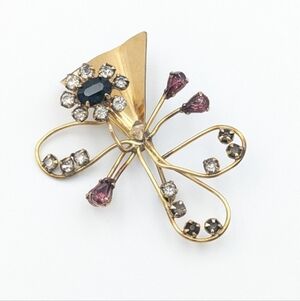 Vintage 12K gold filled floral metalwork and rhinestone brooch pin
